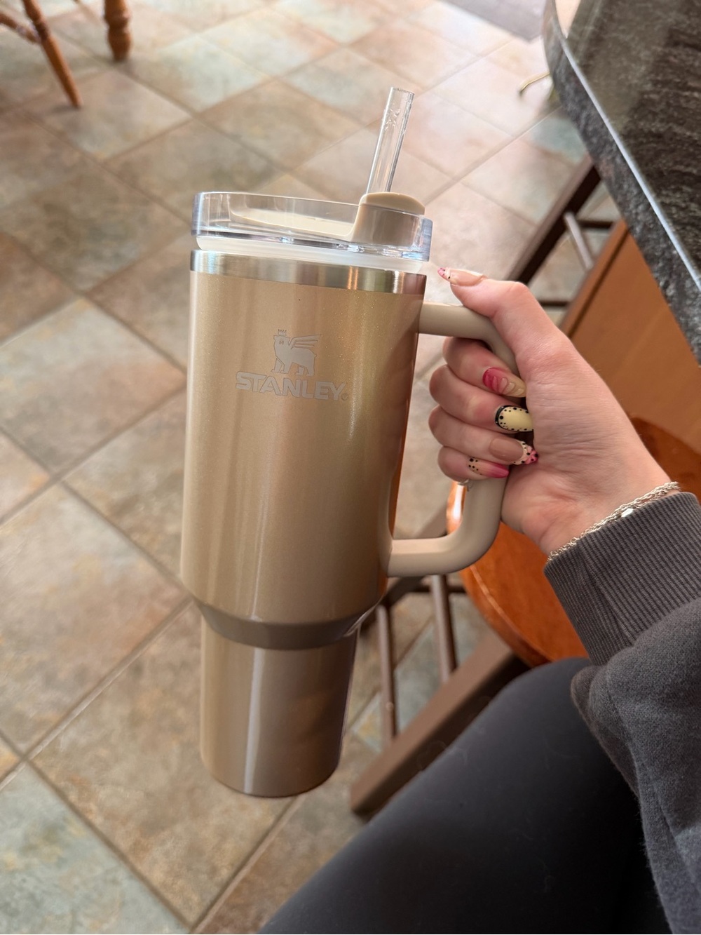 Stanley Tan Insulated Travel Tumbler with Handle and Clear Lid